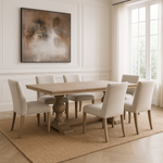 Dining room with wooden table and chairs, abstract painting on wall, and large window.