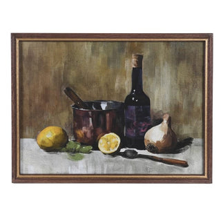 A framed still life oil painting depicting a copper pot with a wooden spoon, a dark wine bottle, a lemon, a halved lemon, a garlic bulb, and a spoon on a light table against a textured brown background.