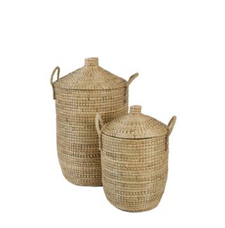 Two woven natural-fiber storage baskets with lids and side handles, shown on a plain white background.
