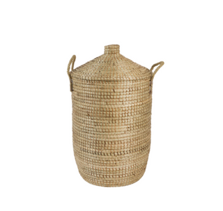 A natural woven straw or seagrass storage basket with a fitted lid and two side handles, shown on a plain white background.