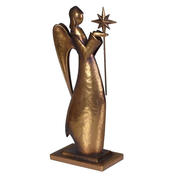Bronze angel figurine holding a star standing on a square base