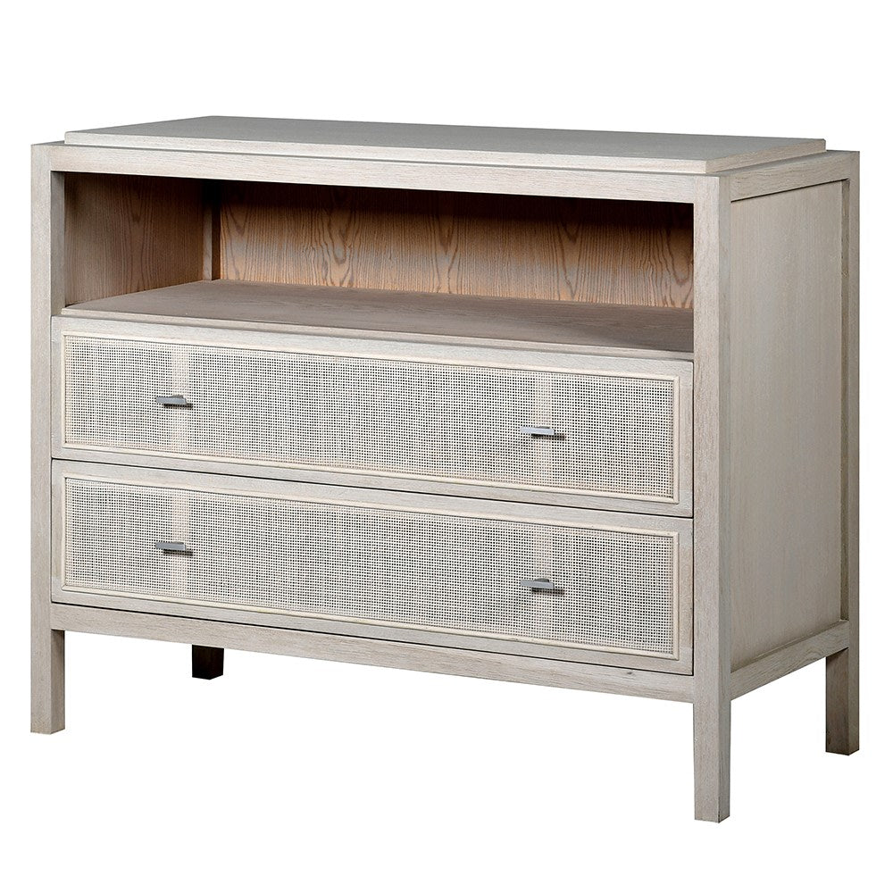 Butler pine and rattan chest of drawers nightstand with two drawers and open shelf
Pine wood nightstand with woven rattan drawers and natural finish
Butler chest of drawers featuring rattan detailing and solid pine frame