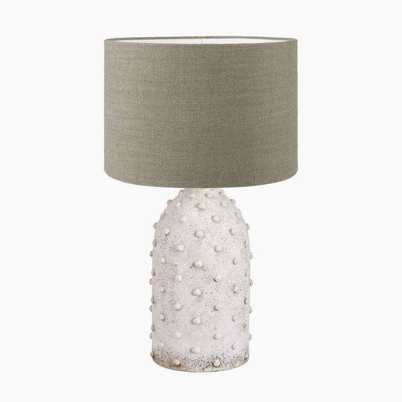 Callie ceramic table lamp with textured light grey stoneware base and pistachio green linen shade