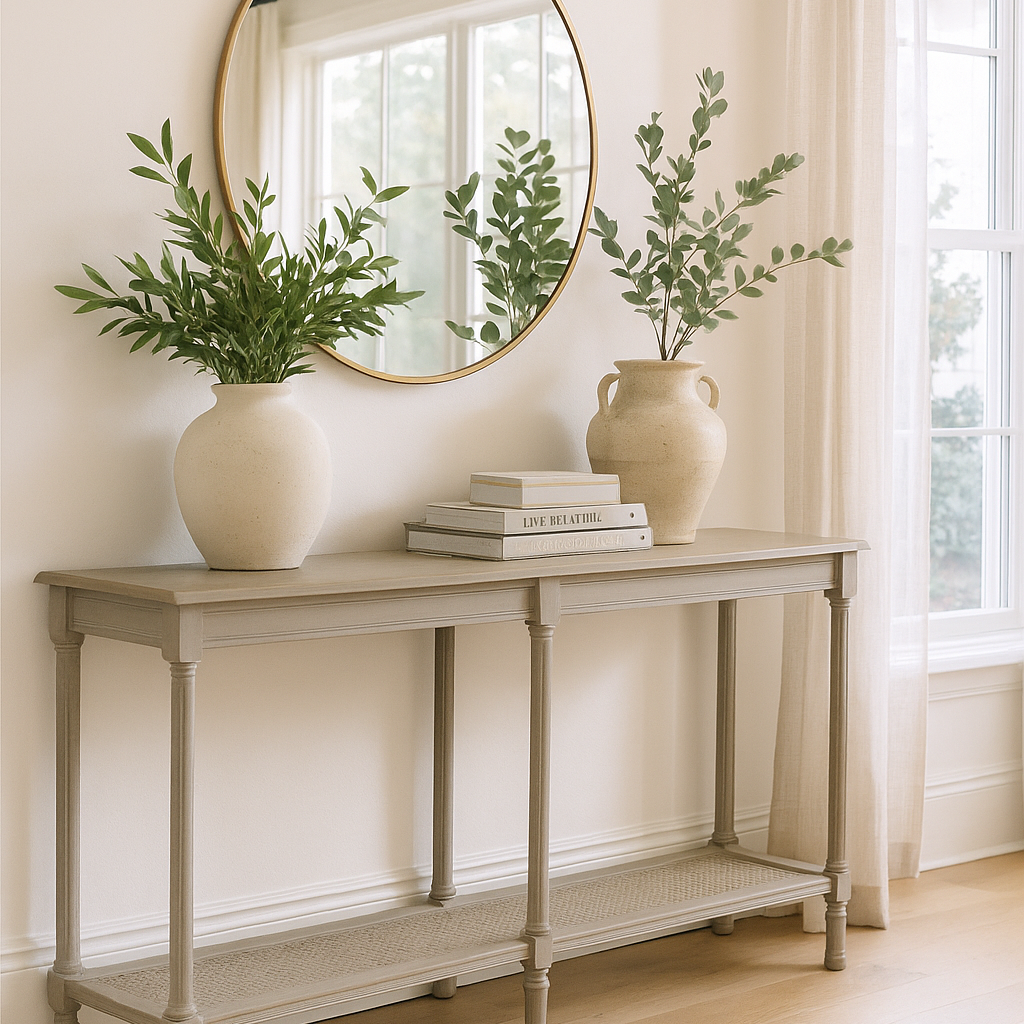 Calma Oak Console Table with Rattan Shelf and Turned Legs