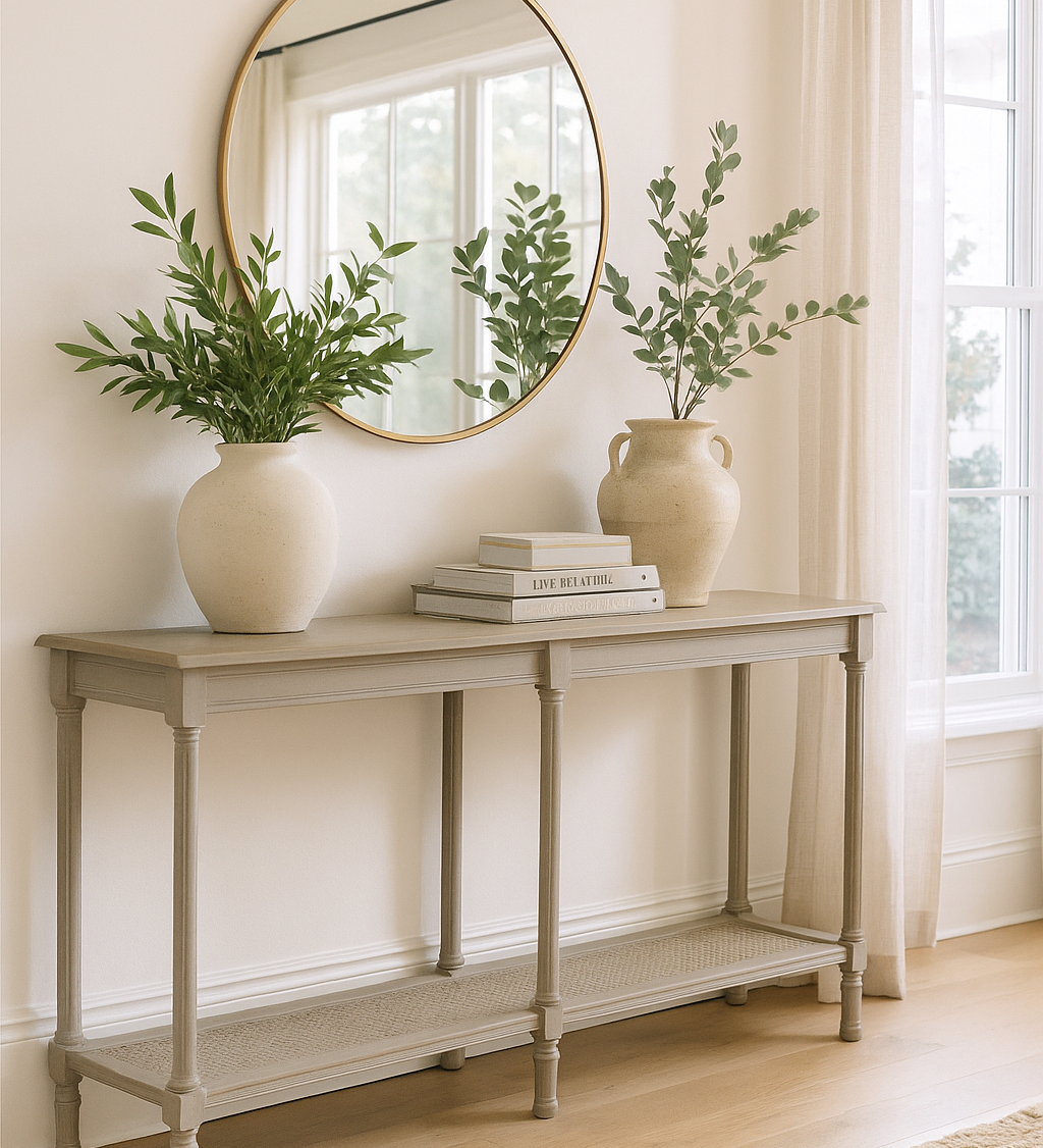 Calma Oak Console Table with Rattan Shelf and Turned Legs