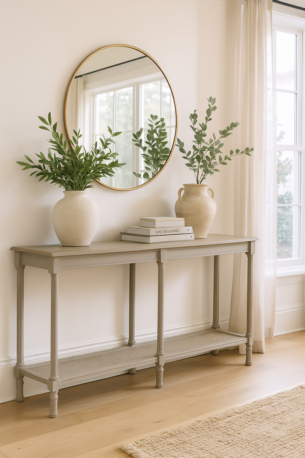 Calma Oak Console Table with Rattan Shelf and Turned Legs