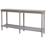 Light gray console table with a rattan shelf on a white background
