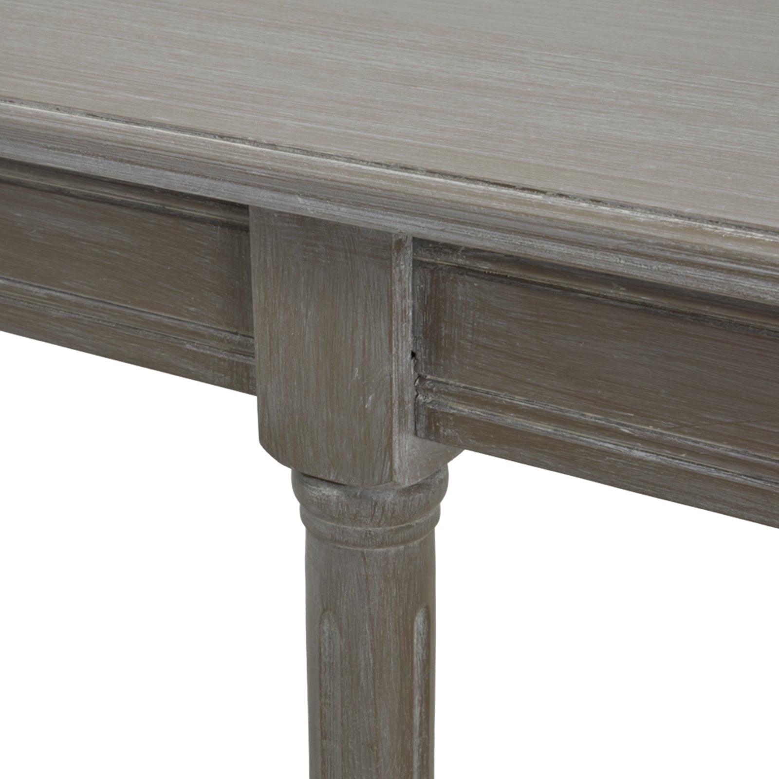 Close-up of a wooden table with a grayish-brown finish on a white background