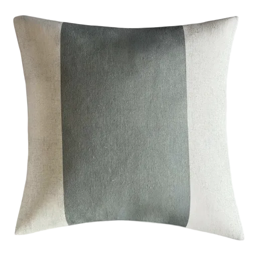 Camden Cushion in olive green colour made from natural linen mix fabric with soft neutral striped design