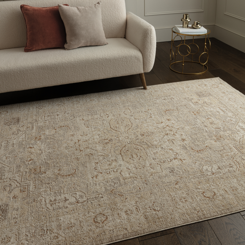 Cappadocia Rug styled in living room with sofa and accent pillows