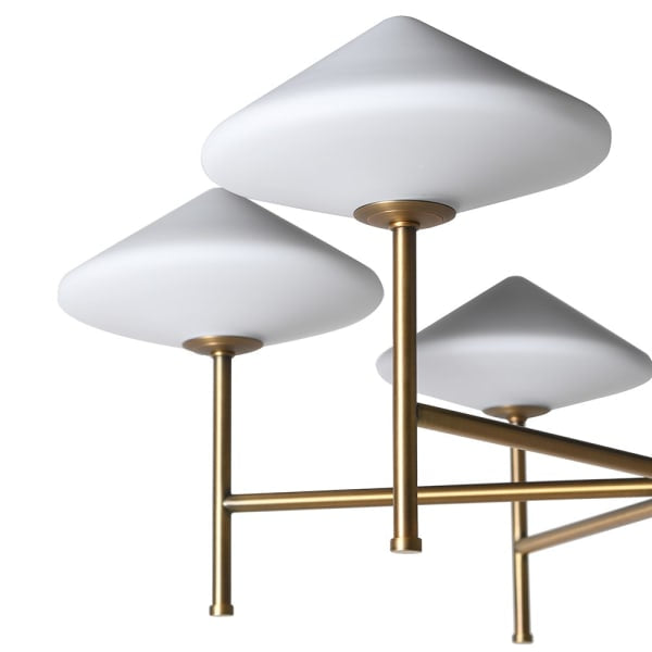 modern light fitting exudes luxury, with its elegant gold finish arm detail and refined lamp shades. Make a statement in any room with this sophisticated and exclusive chandelier.