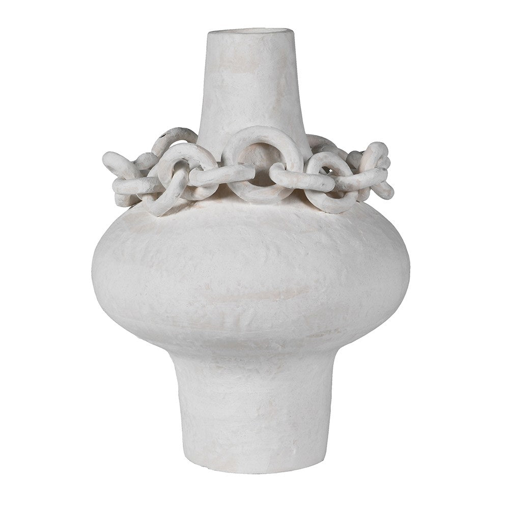 White sculptural porcelain vase with decorative ceramic chain accent around the neck, modern minimalist design