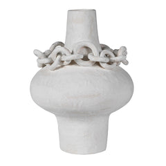 White sculptural porcelain vase with decorative ceramic chain accent around the neck, modern minimalist design