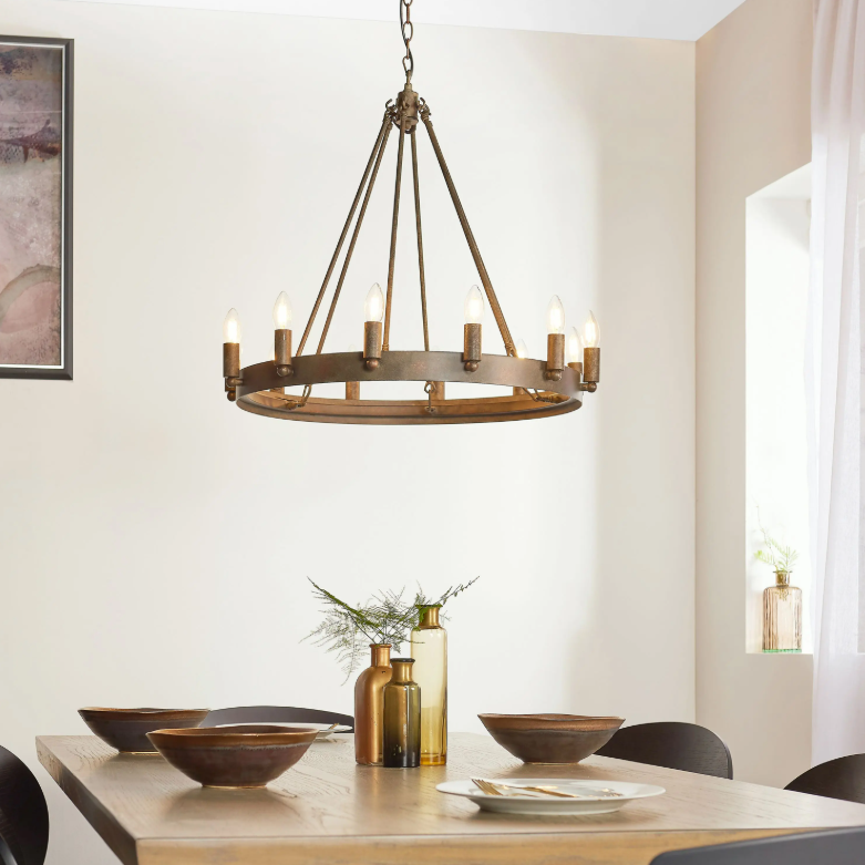 Chandra 12 Light Rustic Bronze Pendant Chandelier full view hanging over dining table