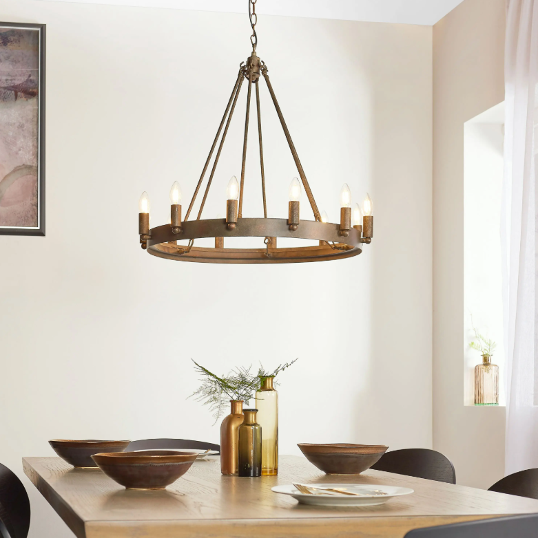 Chandra 12 Light Rustic Bronze Pendant Chandelier full view hanging over dining table