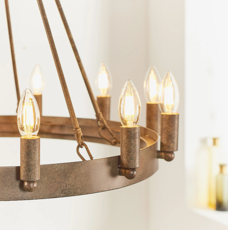 Chandra 12 Light Rustic Bronze Pendant Chandelier close up of candle bulb and metal finish