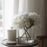Charles Ted Faux White Hydrangea Arrangement in Clear Glass Vase