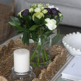 Charles Ted Elegant Artificial Green and Aubergine Ranunculus Bouquet Arranged in Glass Vase