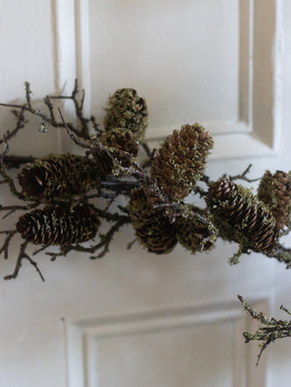 Faux Moss Branch – Artificial Woodland Stem with Pinecones