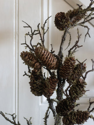 Faux Moss Branch – Artificial Woodland Stem with Pinecones