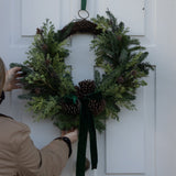 Evergreen Christmas Wreath with Green Velvet Bow
