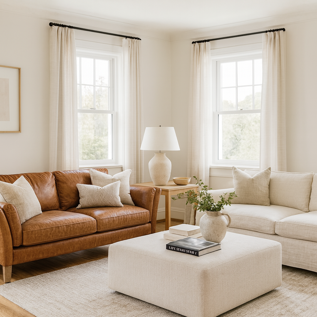 A bright, modern living room with white walls and large windows letting in natural light. At the centre is a vintage brown leather two-seater sofa with neutral throw pillows, paired with a cream fabric ottoman coffee table styled with books and a ceramic vase of greenery. A light fabric sofa sits opposite, completing the cosy, timeless Studio McGee inspired aesthetic with layered textures, warm wood flooring, and minimal, elegant décor.