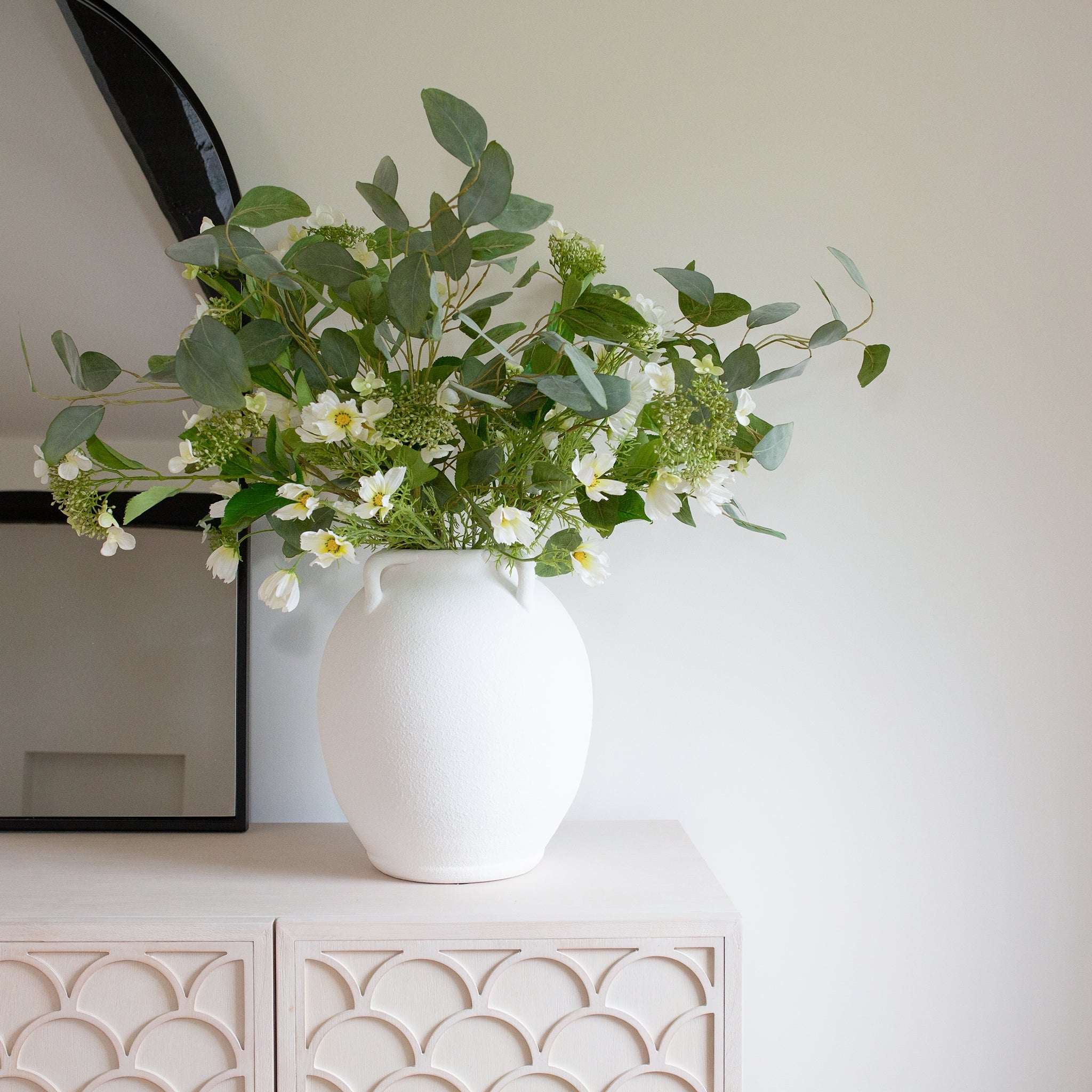 Charles Ted Athenia Textured White Ceramic Vase with eucalyptus arrangement