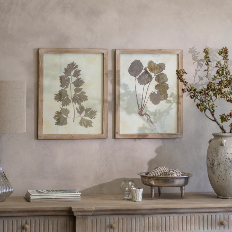 Two framed botanical prints on a wall above a wooden console table with decorative items.