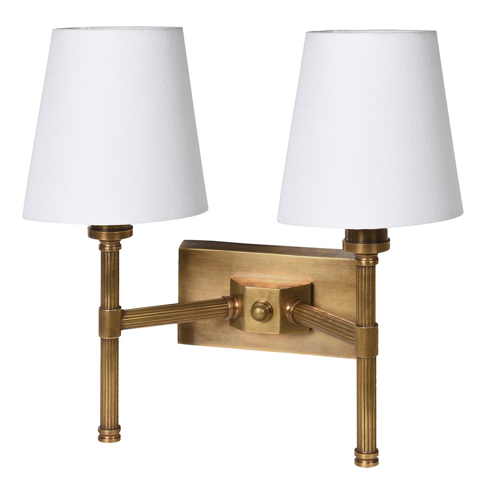 Charles Ted Breanne Double Wall Light in Hand Rubbed Brass with White Fabric Shades
