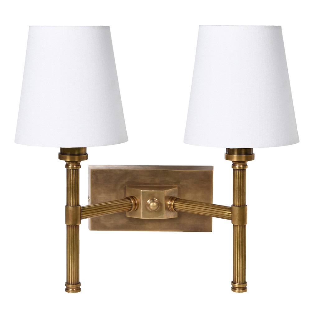 Charles Ted Breanne Double Wall Light in Hand Rubbed Brass with White Fabric Shades