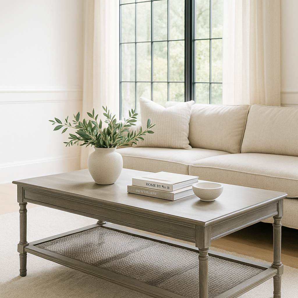 Living room with a coffee table, sofa, and decorative items.