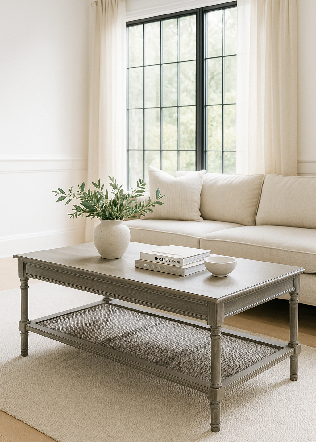 Living room with a coffee table, sofa, and decorative items.