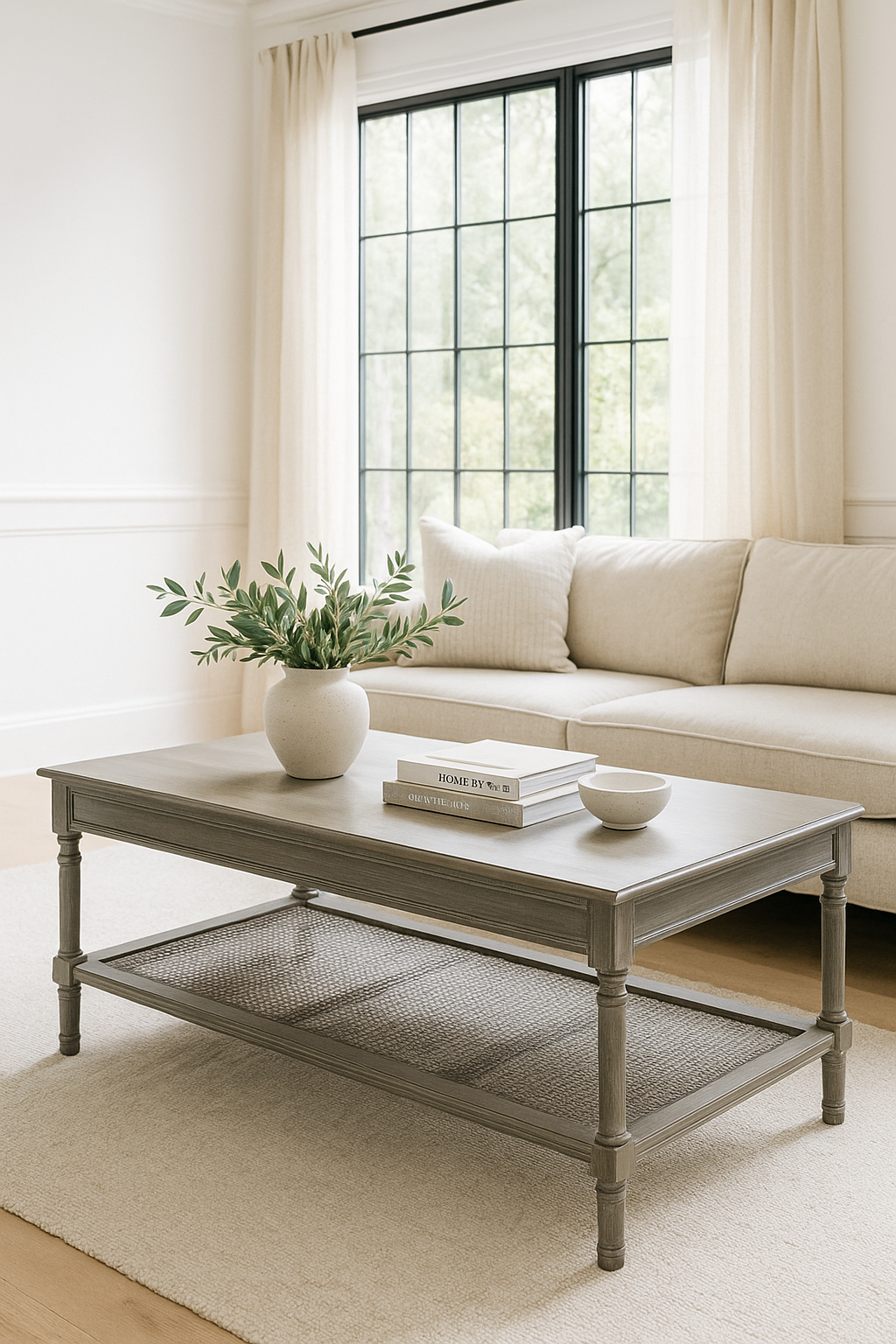 Living room with a coffee table, sofa, and decorative items.