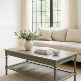 Living room with a coffee table, sofa, and decorative items.
