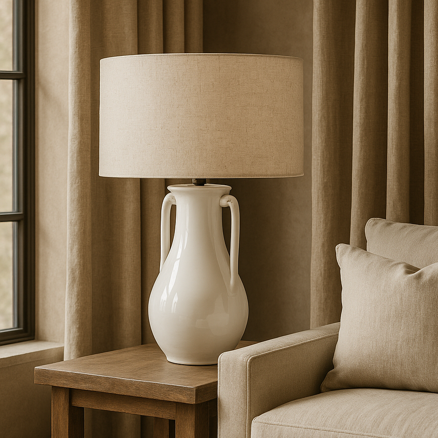 white ceramic Table Lamp with handles and Linen Shade sat on a side table next to a linen sofa