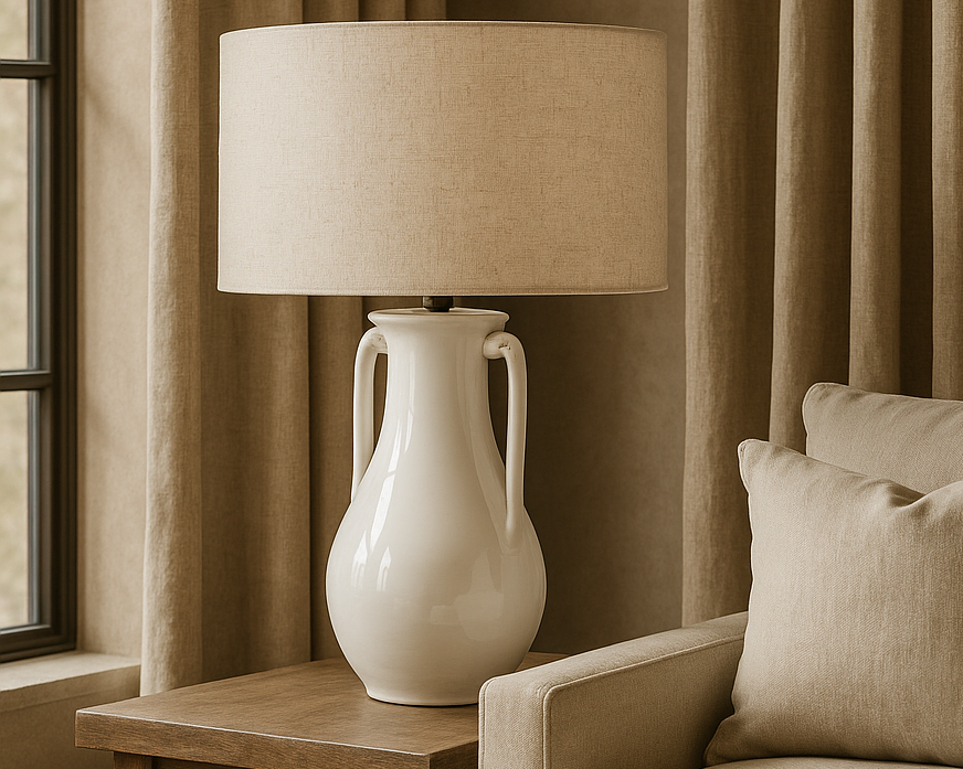 white ceramic Table Lamp with handles and Linen Shade sat on a side table next to a linen sofa