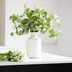 White ceramic vase with a slender bottle-neck design. Filled with silver dollar eucalyptus