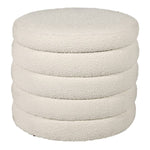 Round cream boucle upholstered footstool with hidden storage