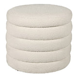 Round cream boucle upholstered footstool with hidden storage