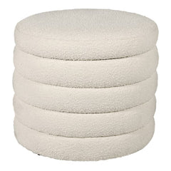 Round cream boucle upholstered footstool with hidden storage