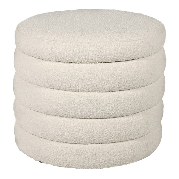 Round cream boucle upholstered footstool with hidden storage