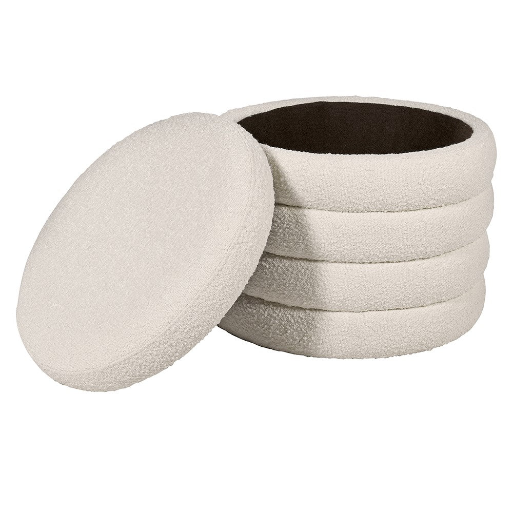 Cream boucle storage footstool with lid open showing interior storage