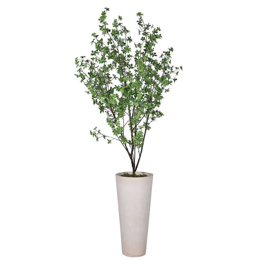 A faux Japanese cedar tree with moss in a tall ceramic garden pot.