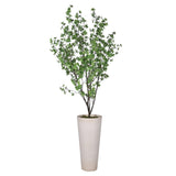 A faux Japanese cedar tree with moss in a tall ceramic garden pot.