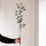 Hand holding a Charles Ted Frosted Cedar Spray with lifelike greenery and pine cones against a neutral background