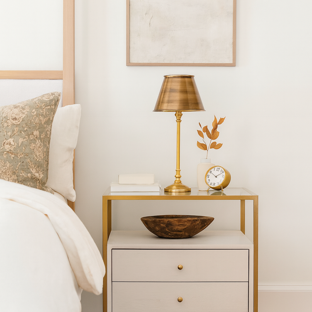 Nighstand with lamp, clock, and decorative bowl in a bedroom setting