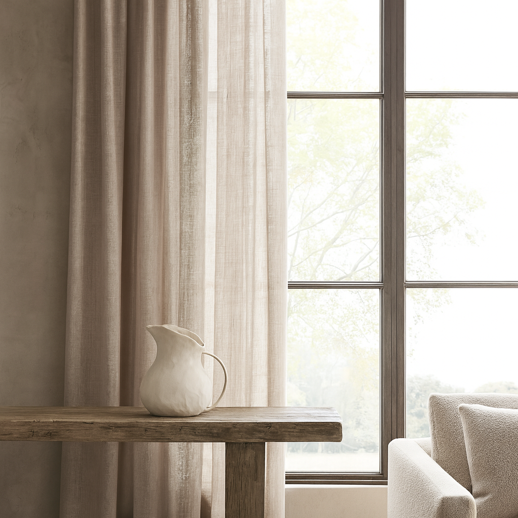 Beige curtain with a wooden shelf and white pitcher in front of a large window.