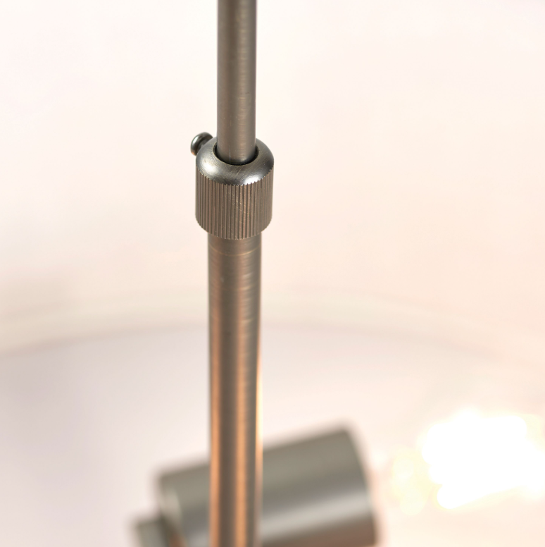 Close-up detail of Hanford Pendant Light brushed bronze stem and linen shade