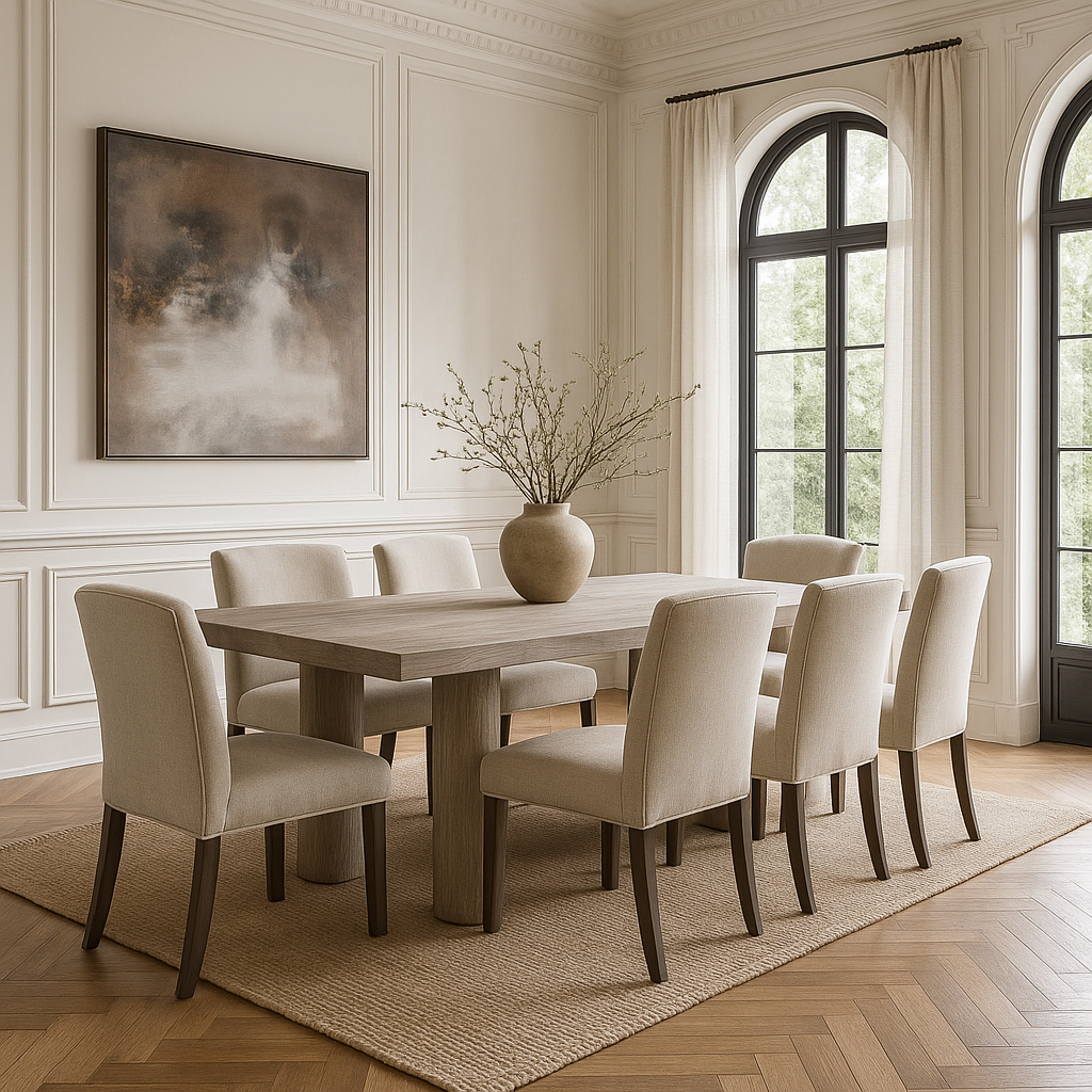 Dining room with a wooden table and beige chairs in a well-lit room.