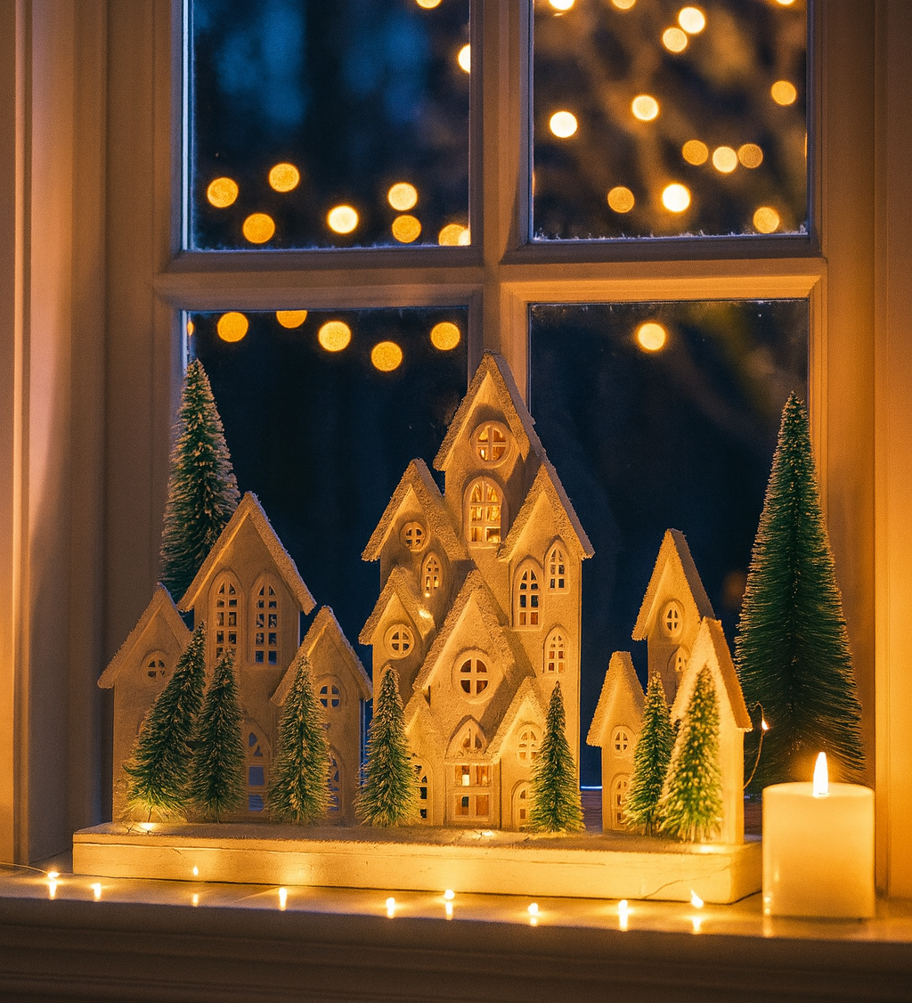 Decorative window display with houses and trees on a sill, illuminated by candles and lights.